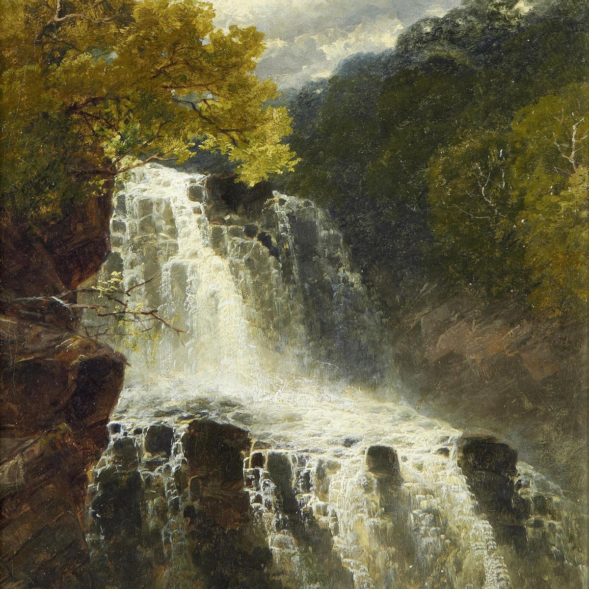 Landscape Oil Painting - Cascading Waterfall, Rocky Cliffs & Woodland - Oil Painting Haven