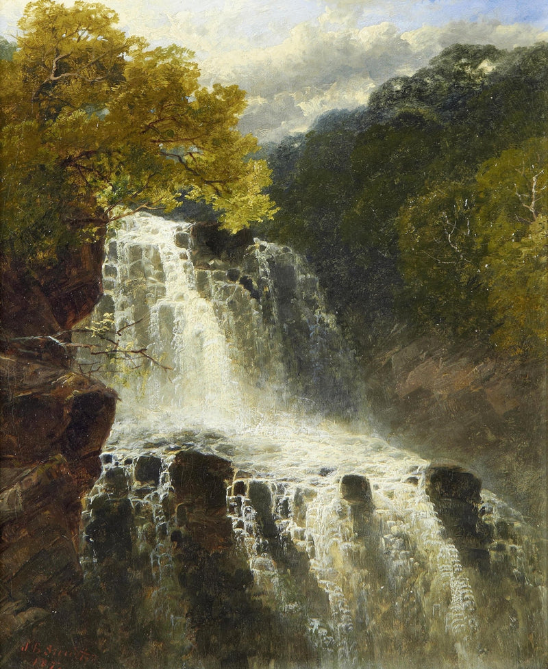 Landscape Oil Painting - Cascading Waterfall, Rocky Cliffs & Woodland - Oil Painting Haven