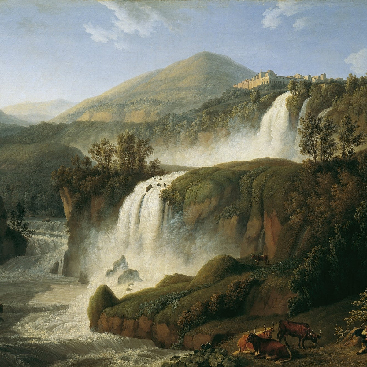 Landscape Oil Painting - Cascading Waterfalls, River, Hilltop Structure - Oil Painting Haven