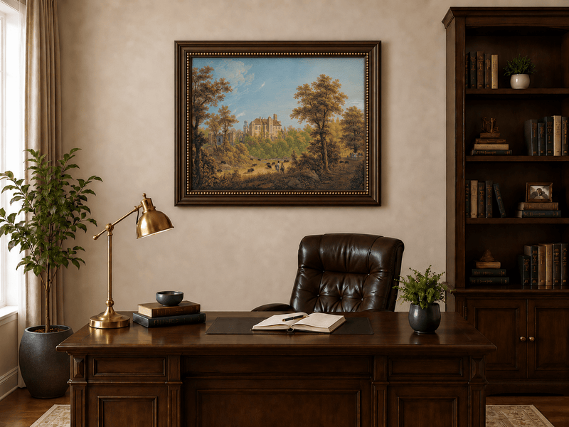 Landscape Oil Painting - Castle and Autumn Forest Scene