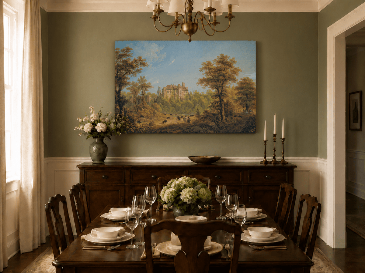 Landscape Oil Painting - Castle and Autumn Forest Scene