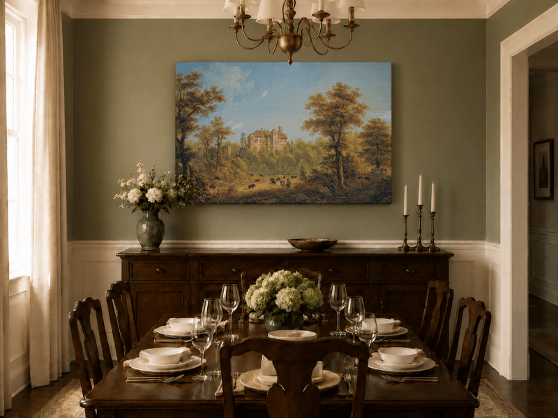 Landscape Oil Painting - Castle and Autumn Forest Scene