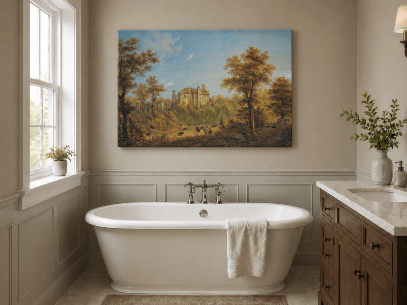 Landscape Oil Painting - Castle and Autumn Forest Scene