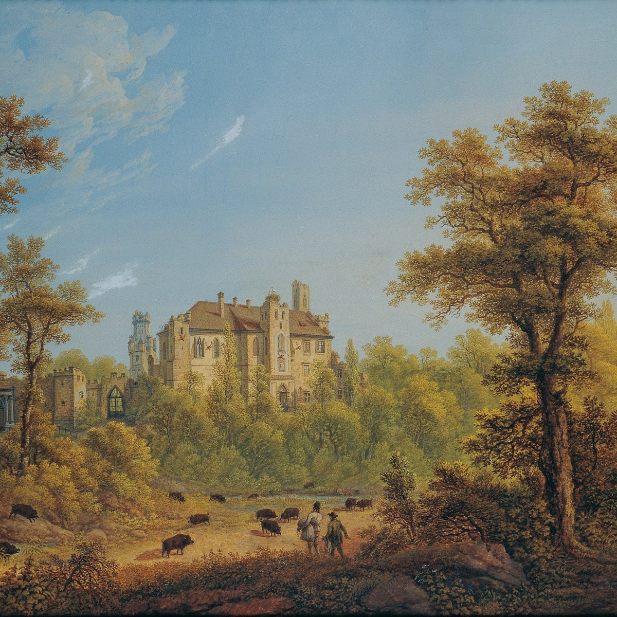 Landscape oil painting of a castle surrounded by an autumn forest with deer grazing, textured brushwork on oil on canvas. - Add Frame, Architecture, Canvas, Castle, Figure, Forest, Hand Painted, Landscape, Made To Order, Oil Painting
