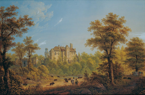 Landscape oil painting of a castle surrounded by an autumn forest with deer grazing, textured brushwork on oil on canvas. - Add Frame, Architecture, Canvas, Castle, Figure, Forest, Hand Painted, Landscape, Made To Order, Oil Painting