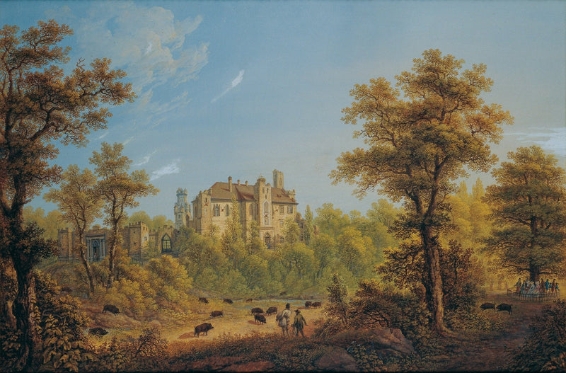 Landscape oil painting of a castle surrounded by an autumn forest with deer grazing, textured brushwork on oil on canvas. - Add Frame, Architecture, Canvas, Castle, Figure, Forest, Hand Painted, Landscape, Made To Order, Oil Painting
