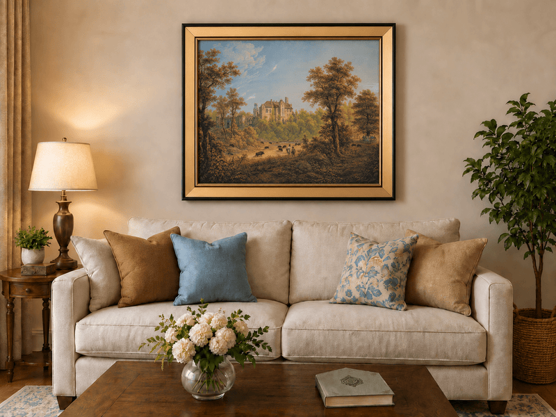 Landscape Oil Painting - Castle and Autumn Forest Scene