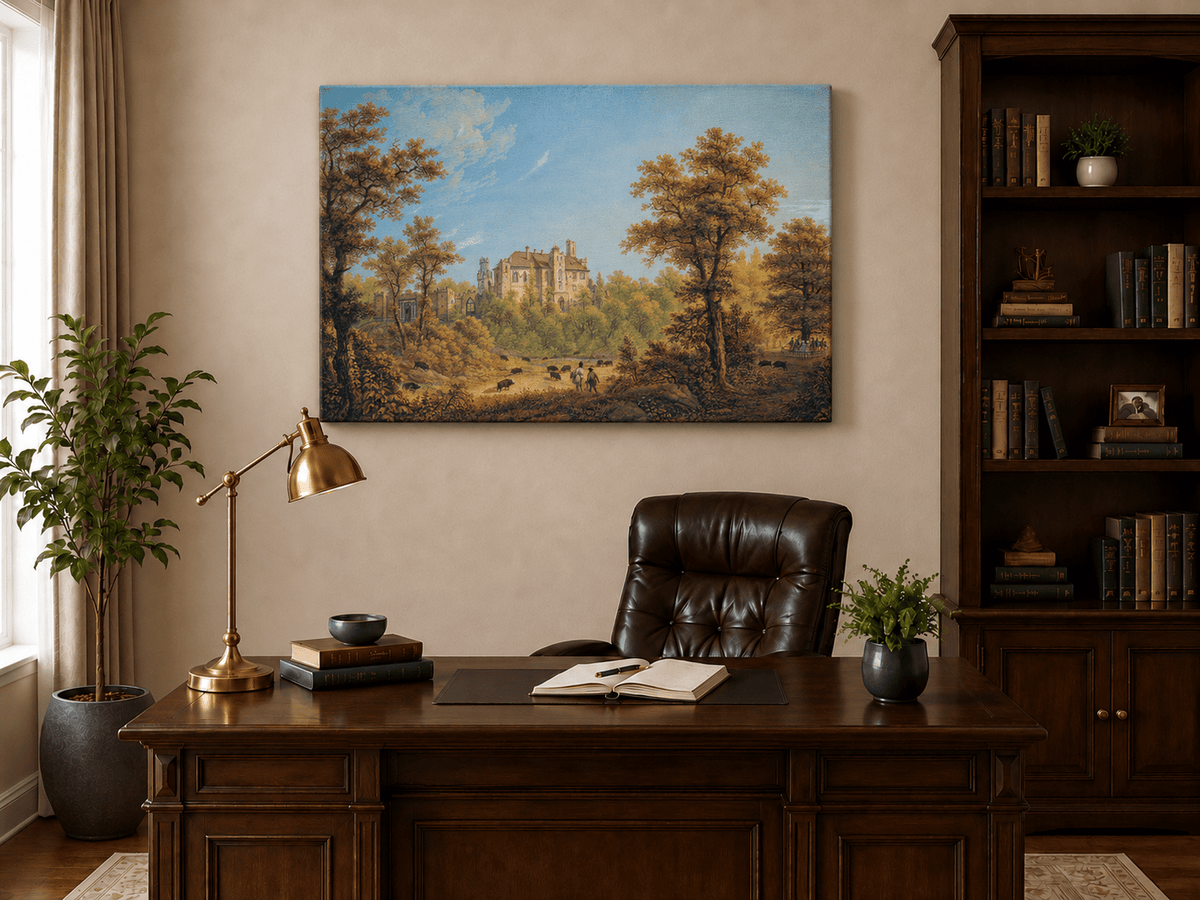 Landscape Oil Painting - Castle and Autumn Forest Scene