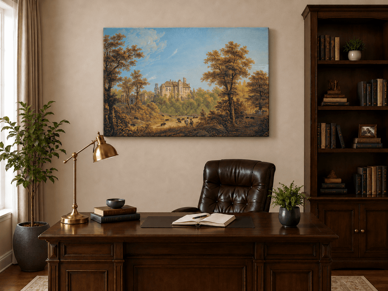 Landscape Oil Painting - Castle and Autumn Forest Scene
