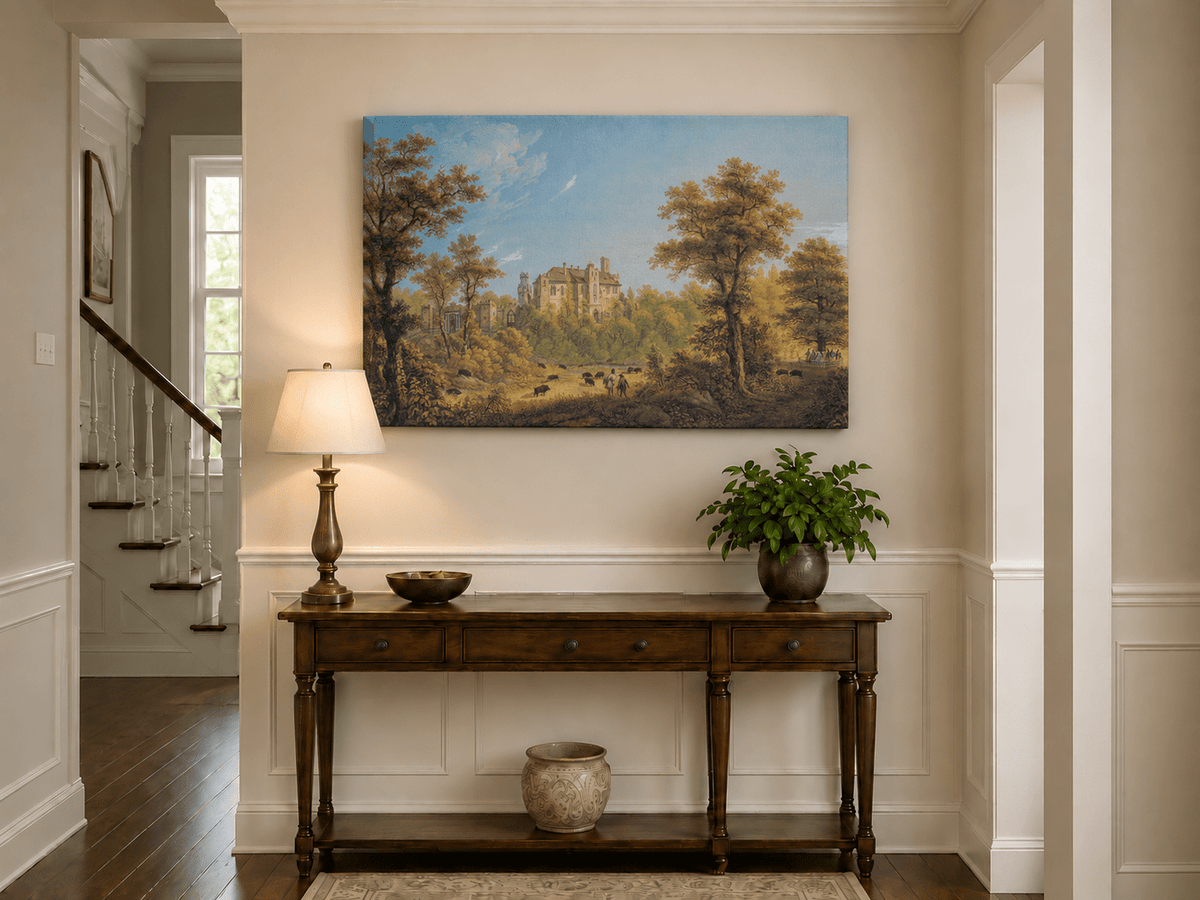 Landscape Oil Painting - Castle and Autumn Forest Scene