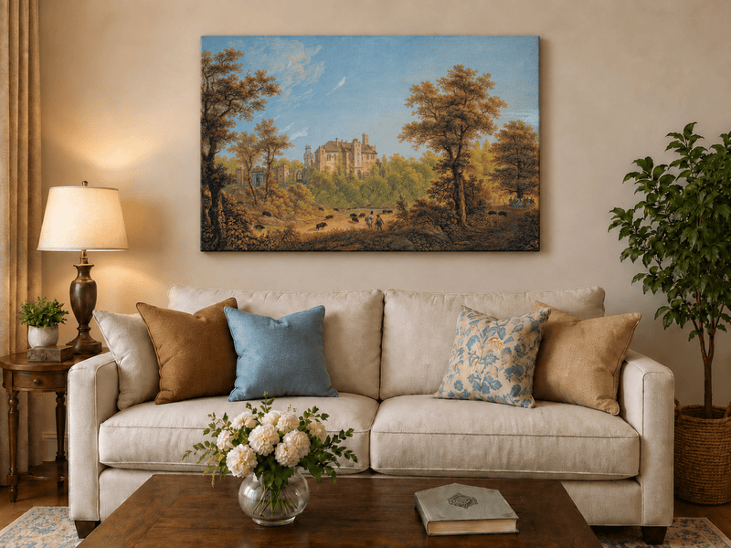 Landscape Oil Painting - Castle and Autumn Forest Scene