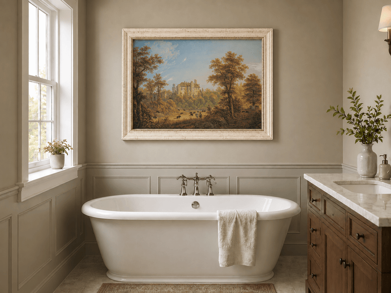 Landscape Oil Painting - Castle and Autumn Forest Scene