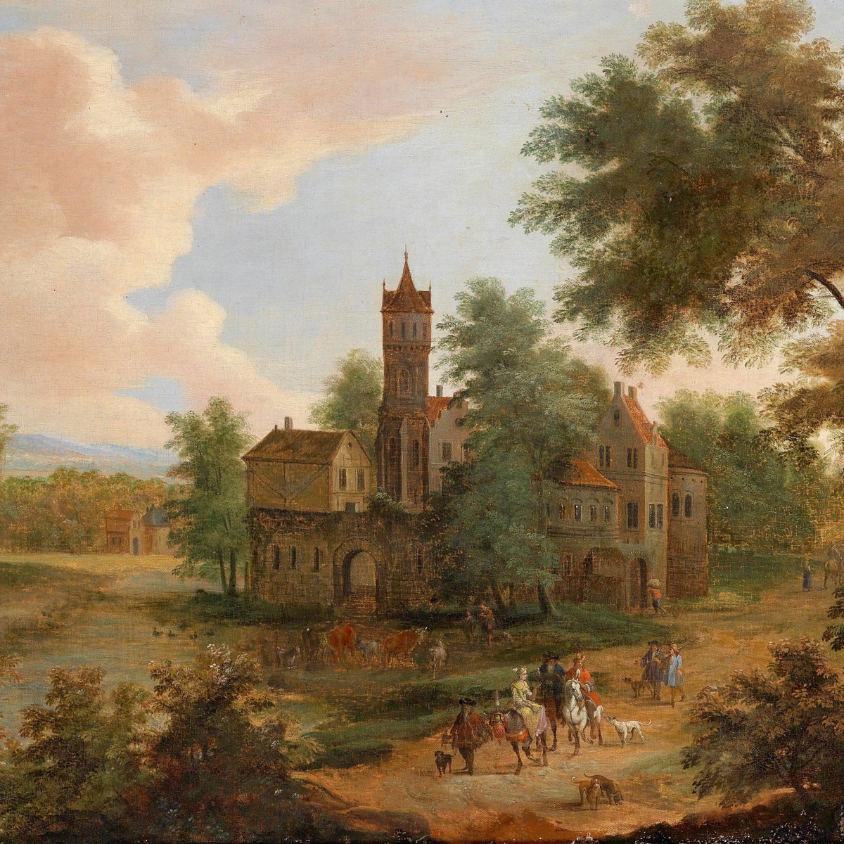 Landscape Oil Painting - Castle Estate with Tower: Livestock & Scenic - Oil Painting Haven