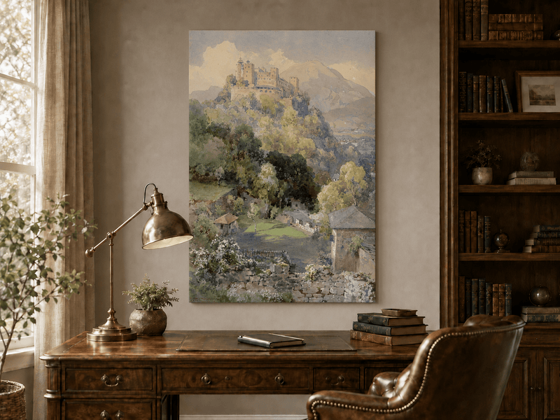 Peinture à l'huile de paysage - Rivière printanière avec pêcheur et arbres