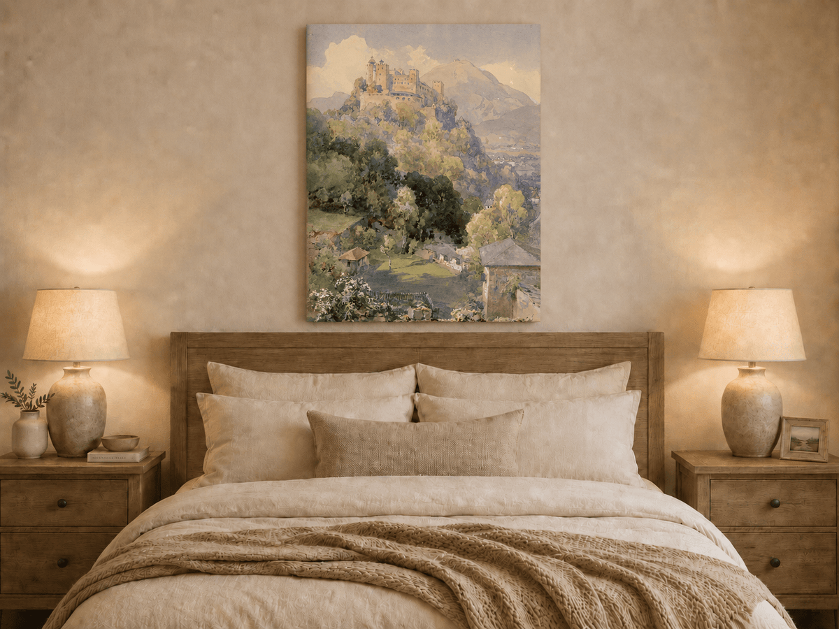 Peinture à l'huile de paysage - Rivière printanière avec pêcheur et arbres