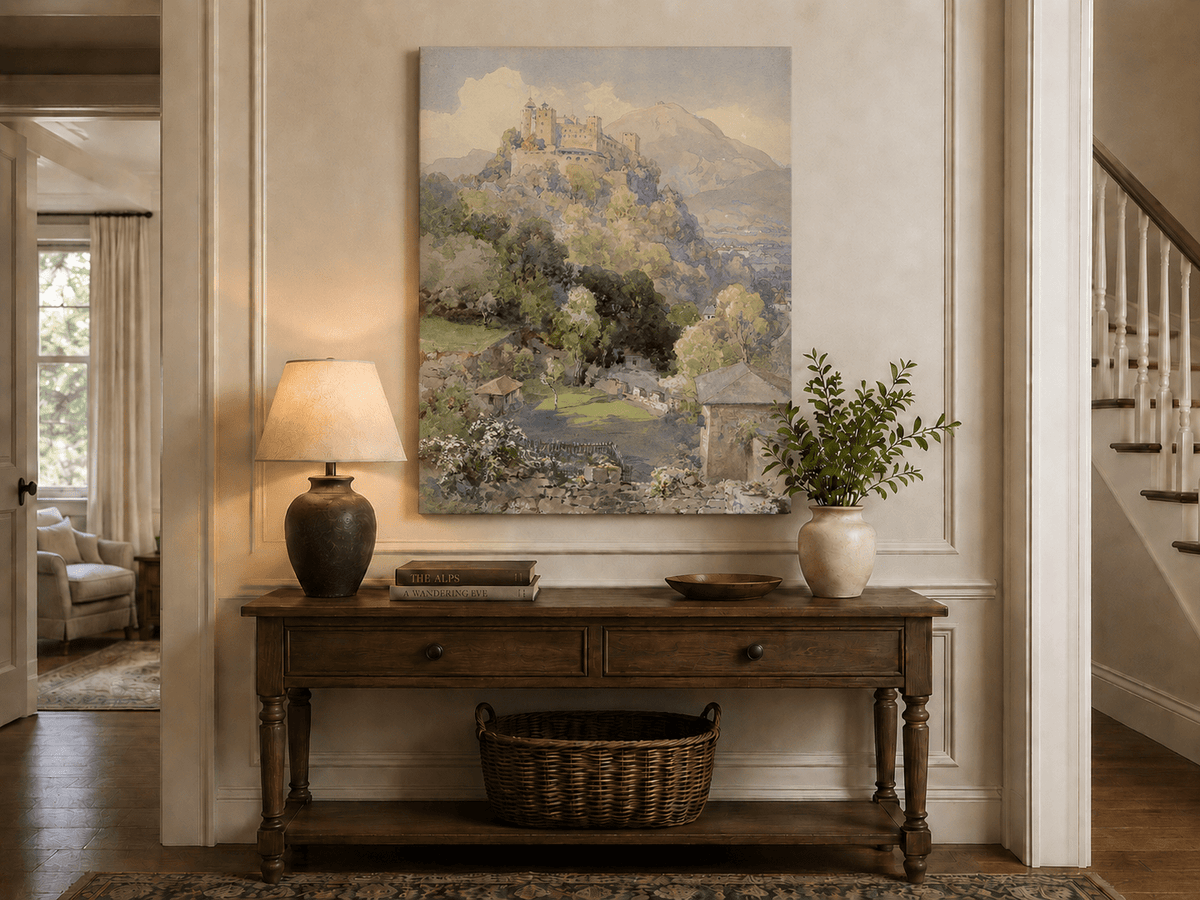 Peinture à l'huile de paysage - Rivière printanière avec pêcheur et arbres