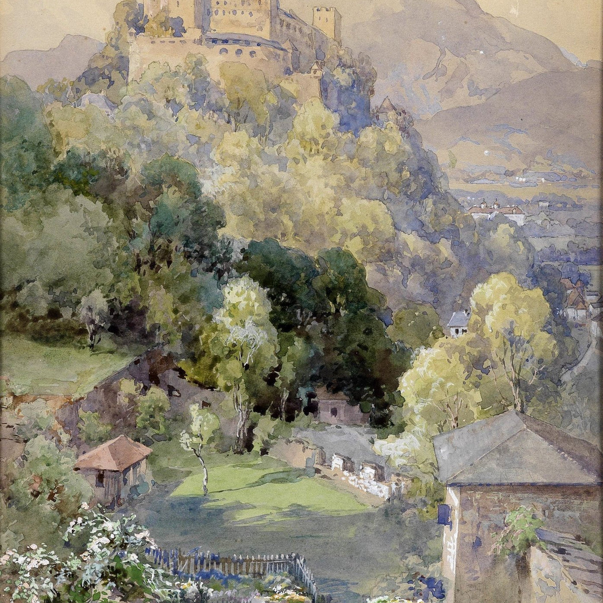 Hand-painted castle garden and mountain view landscape oil painting on canvas