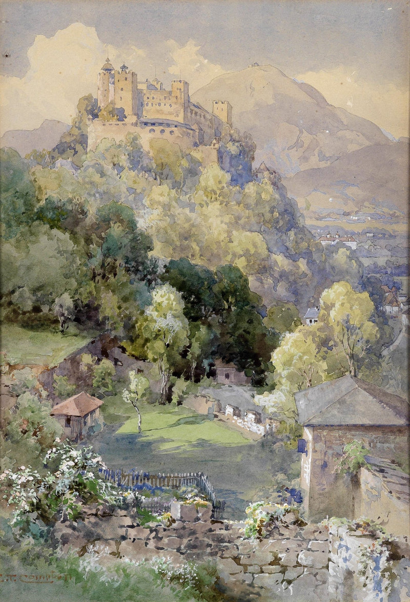 Hand-painted castle garden and mountain view landscape oil painting on canvas