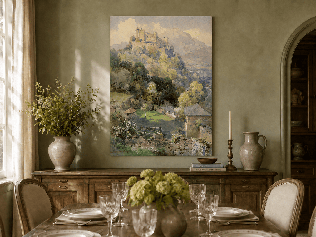 Peinture à l'huile de paysage - Rivière printanière avec pêcheur et arbres