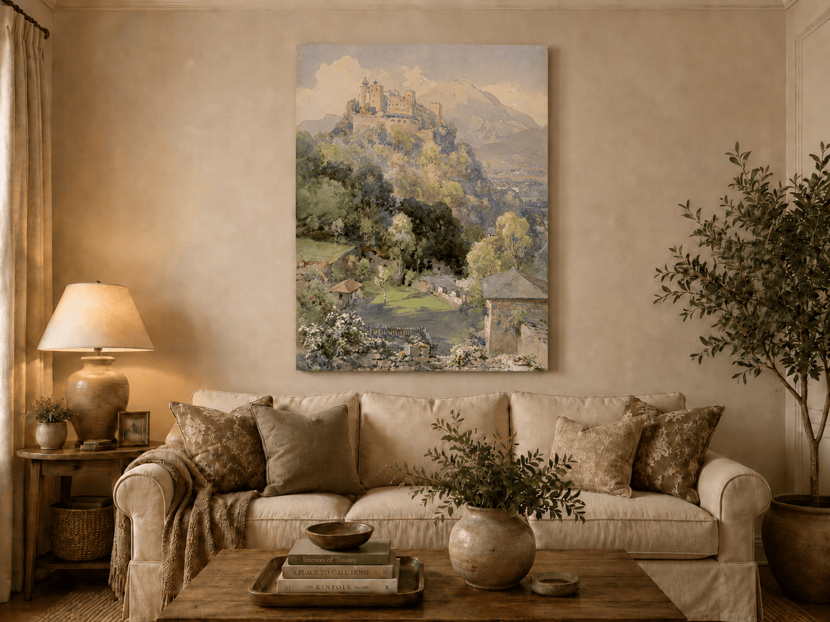 Peinture à l'huile de paysage - Rivière printanière avec pêcheur et arbres