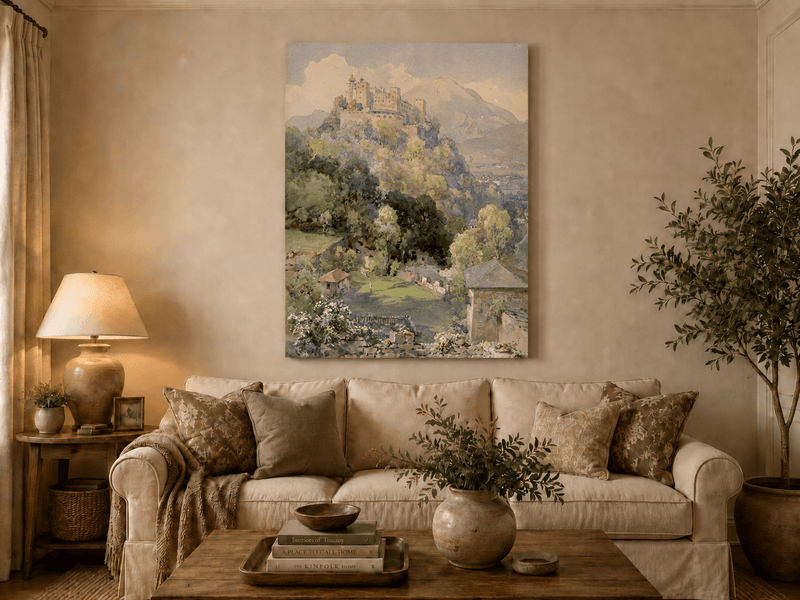Peinture à l'huile de paysage - Rivière printanière avec pêcheur et arbres