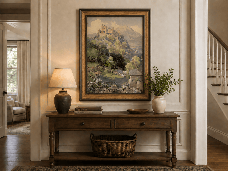 Peinture à l'huile de paysage - Rivière printanière avec pêcheur et arbres