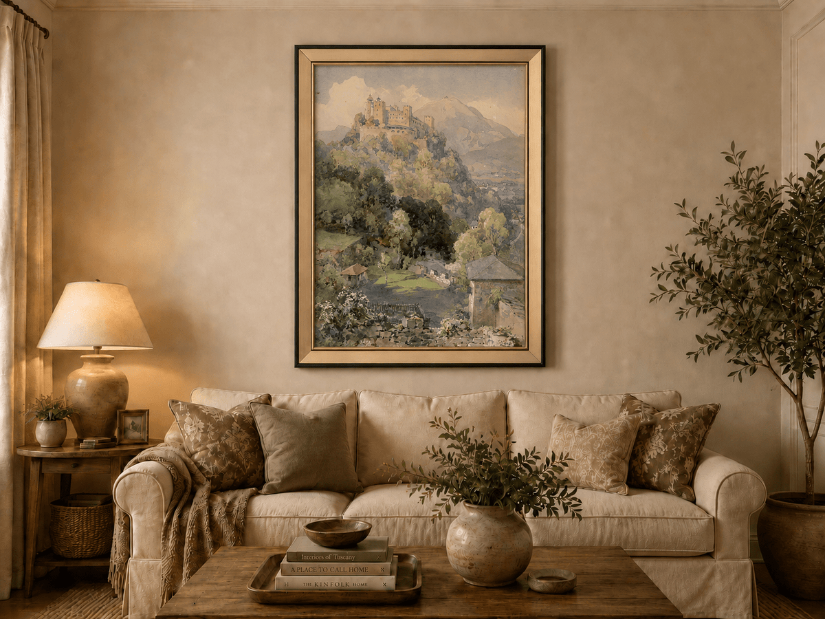 Peinture à l'huile de paysage - Rivière printanière avec pêcheur et arbres