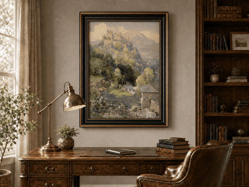 Peinture à l'huile de paysage - Rivière printanière avec pêcheur et arbres