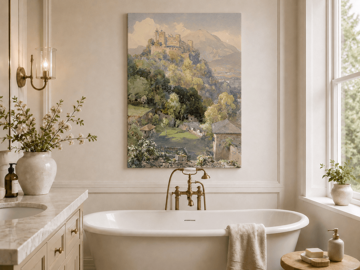 Peinture à l'huile de paysage - Rivière printanière avec pêcheur et arbres