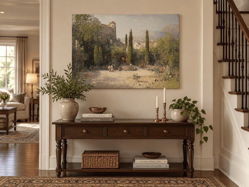 Pintura al óleo de paisaje - Jardín del castillo con cipreses