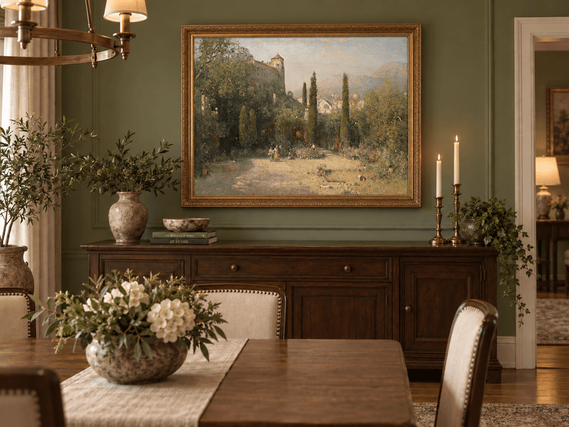 Pintura al óleo de paisaje - Jardín del castillo con cipreses