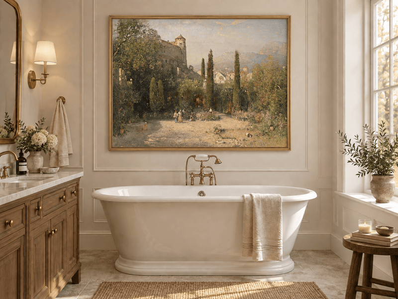 Pintura al óleo de paisaje - Jardín del castillo con cipreses