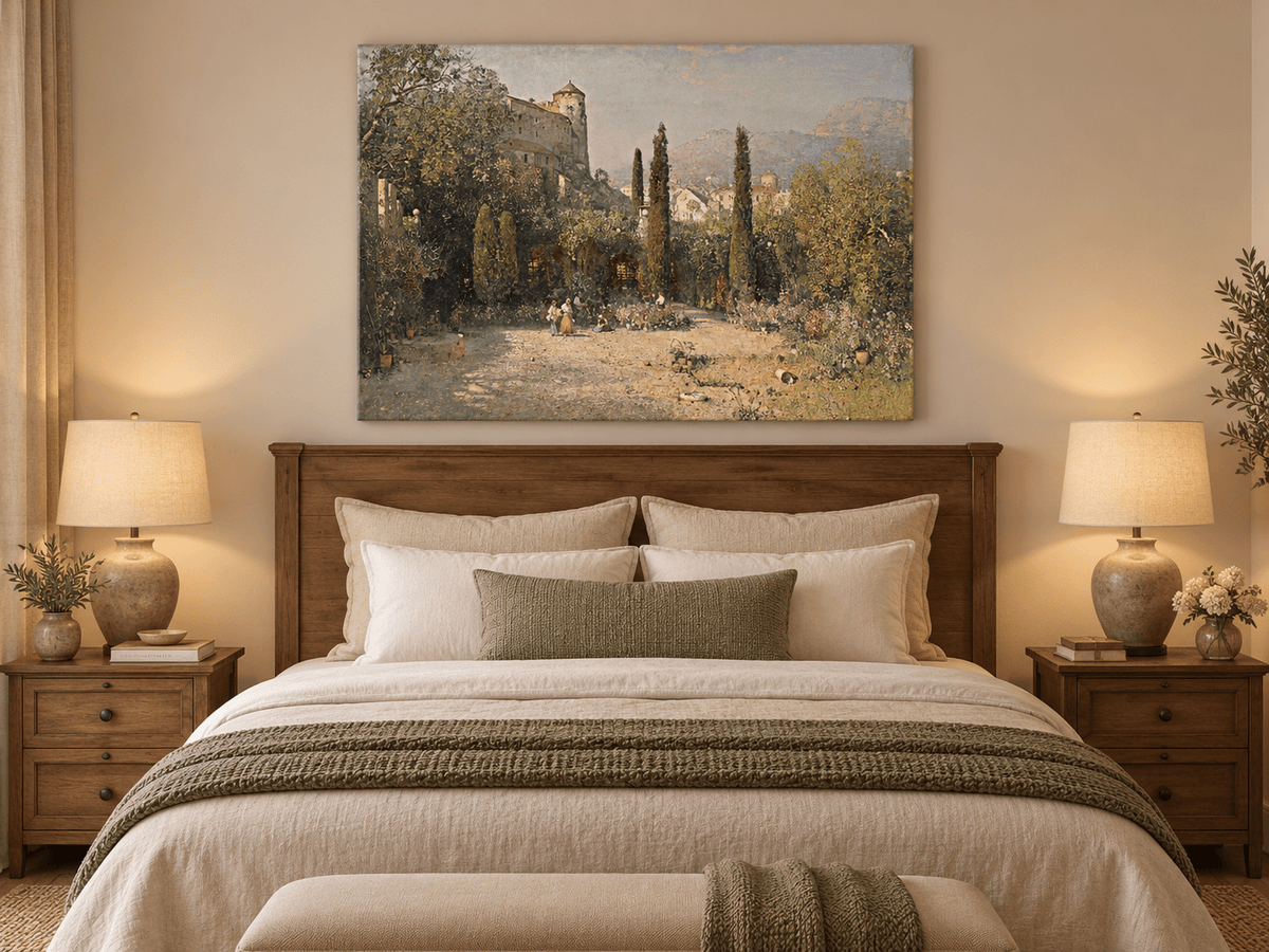 Pintura al óleo de paisaje - Jardín del castillo con cipreses