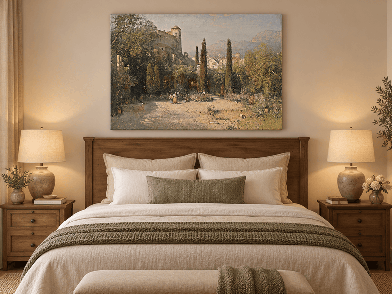 Pintura al óleo de paisaje - Jardín del castillo con cipreses