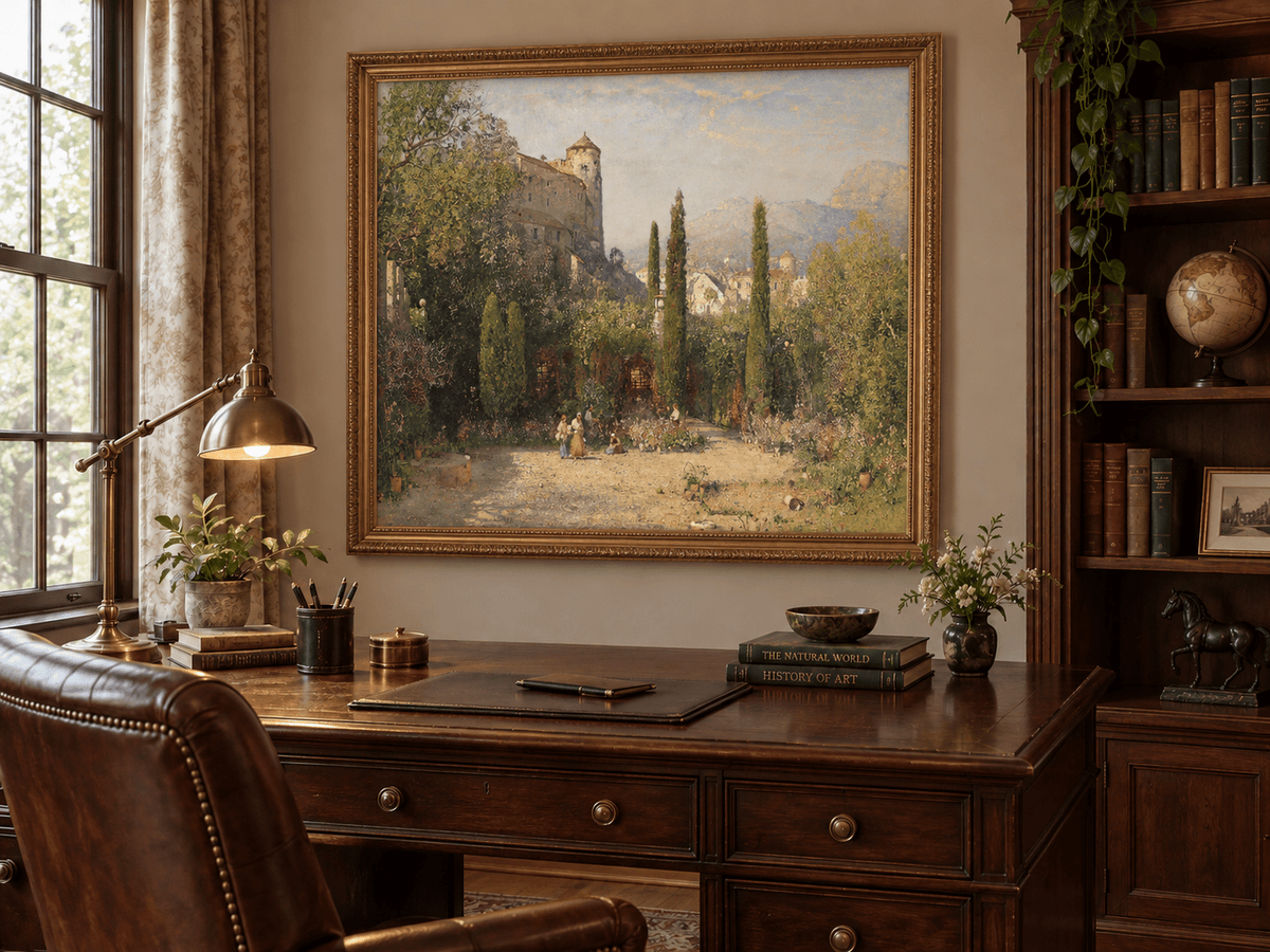 Pintura al óleo de paisaje - Jardín del castillo con cipreses
