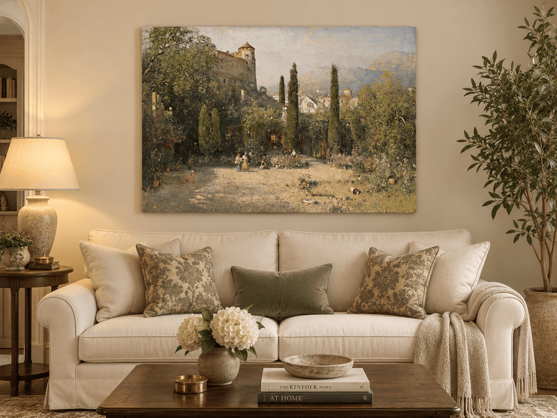 Pintura al óleo de paisaje - Jardín del castillo con cipreses
