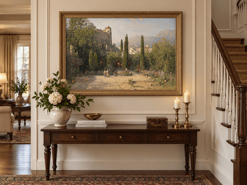Pintura al óleo de paisaje - Jardín del castillo con cipreses