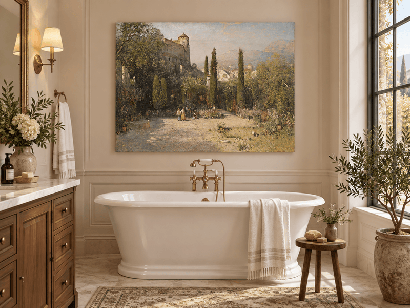 Pintura al óleo de paisaje - Jardín del castillo con cipreses