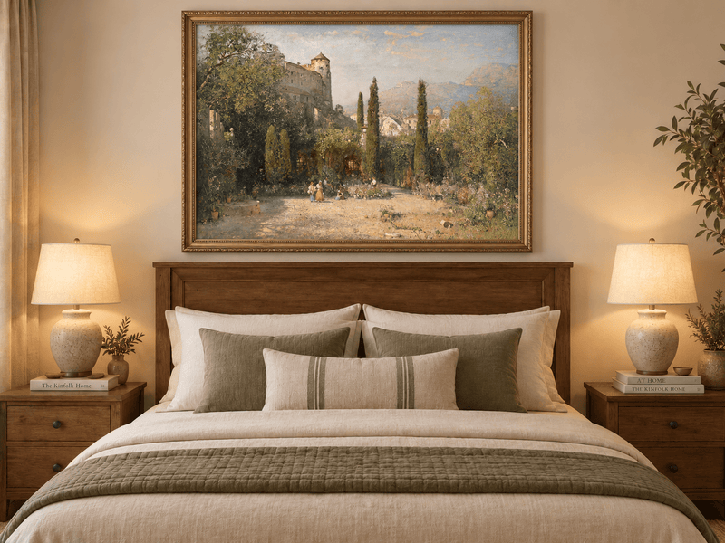 Pintura al óleo de paisaje - Jardín del castillo con cipreses