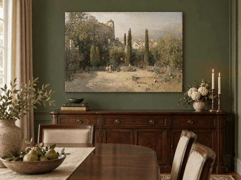 Pintura al óleo de paisaje - Jardín del castillo con cipreses