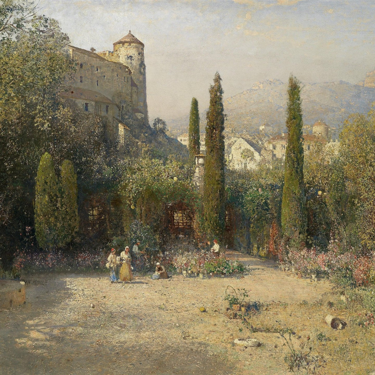 Landscape Oil Painting - Castle Garden with Cypress Trees: Figures, Flowers & Town - Oil Painting Haven