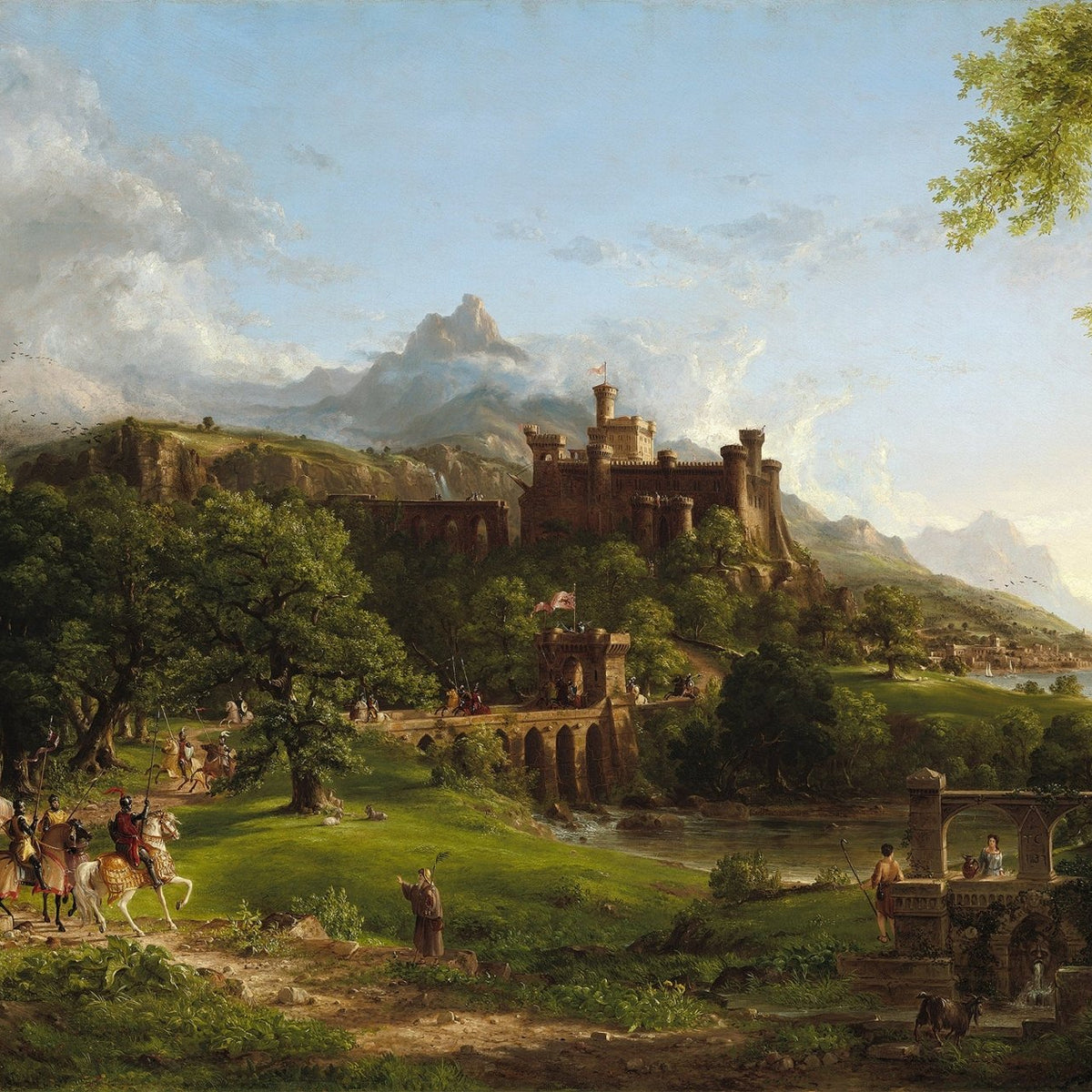 Landscape Oil Painting - castle hillside riders statue & stone bridge - Oil Painting Haven