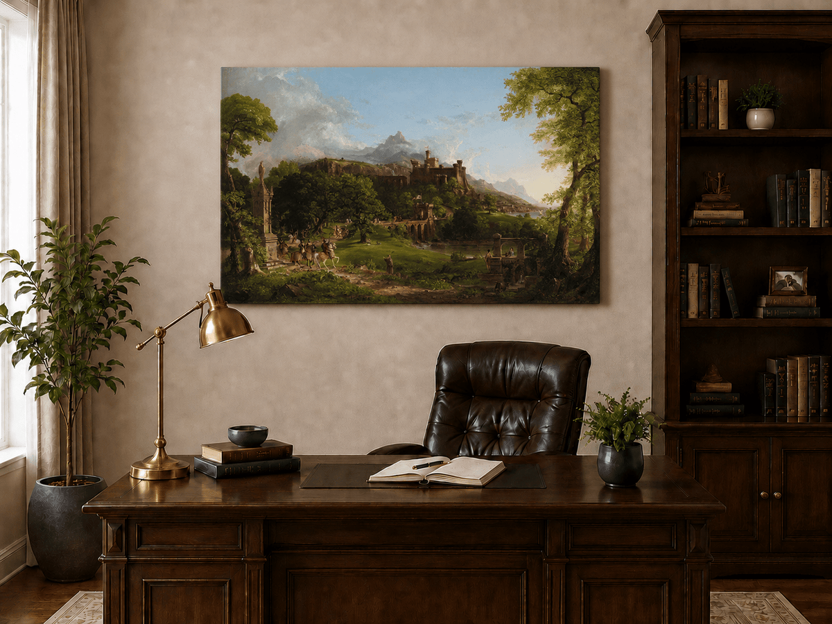 Landscape Oil Painting - Castle Hillside Riders Statue & Stone