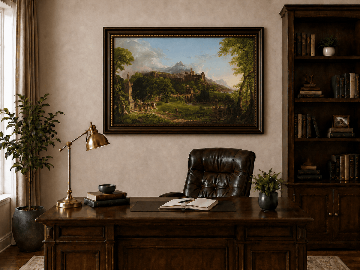 Landscape Oil Painting - Castle Hillside Riders Statue & Stone