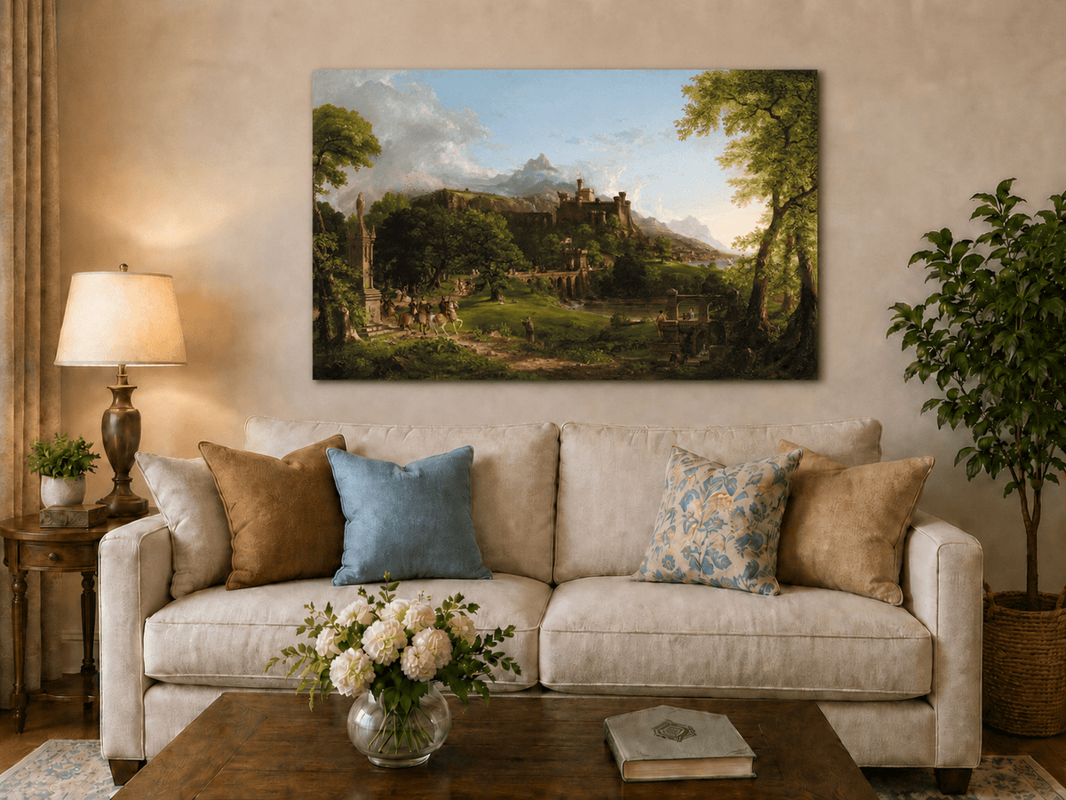 Landscape Oil Painting - Castle Hillside Riders Statue & Stone