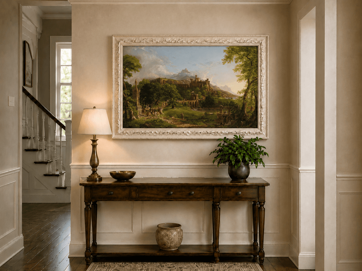 Landscape Oil Painting - Castle Hillside Riders Statue & Stone