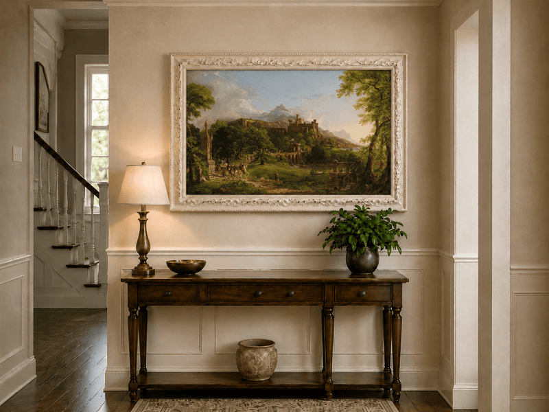 Landscape Oil Painting - Castle Hillside Riders Statue & Stone