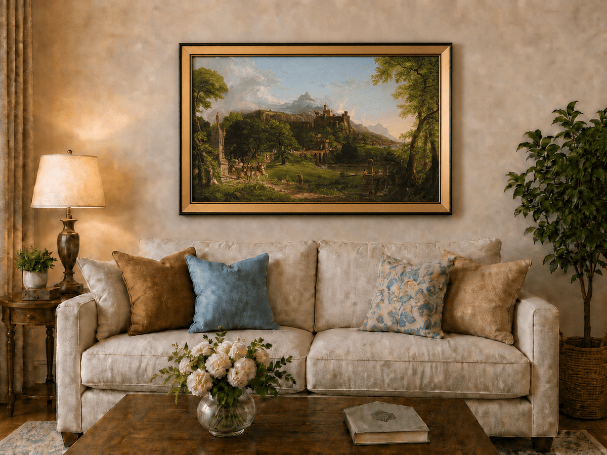 Landscape Oil Painting - Castle Hillside Riders Statue & Stone