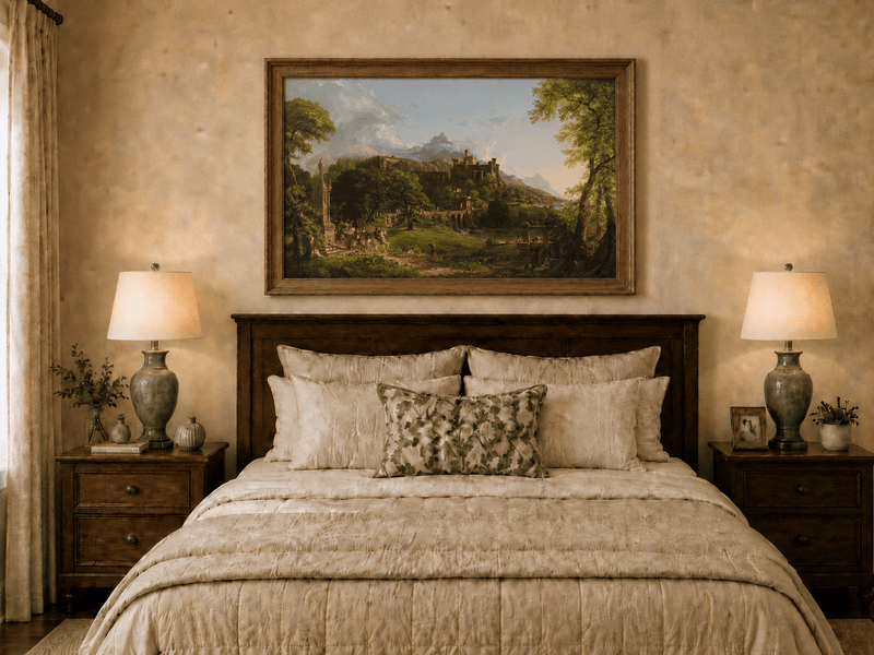 Landscape Oil Painting - Castle Hillside Riders Statue & Stone