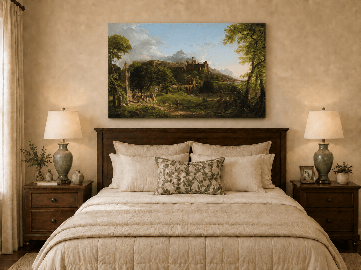 Landscape Oil Painting - Castle Hillside Riders Statue & Stone
